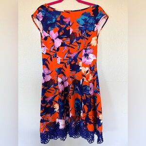Vibrant Floral Fit & Flare Dress in Orange and Blue